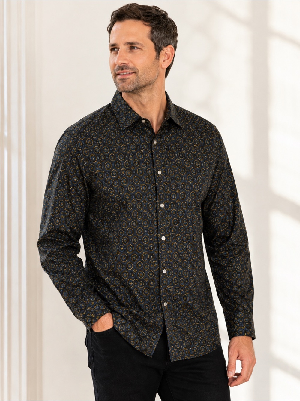 Soft Cloth Men’s M Italian Woven Stretch Geometric Dress Shirt Black